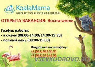 Открыта вакансия воспитателя в Детском саду "КоалаМама", в Янино-1 Открыта вакансия воспитателя в Детском саду "КоалаМама", в Янино-1